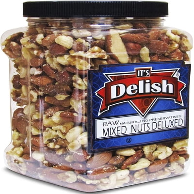 Deluxe Raw Mixed Nuts with No Peanuts by Its Delish, Bulk 2 lbs Jumbo Reusable Container  Premium Raw Unsalted Nut Mix Without Peanuts  Great for Parties, Snacking and Salads - Keto, Vegan, Kosher