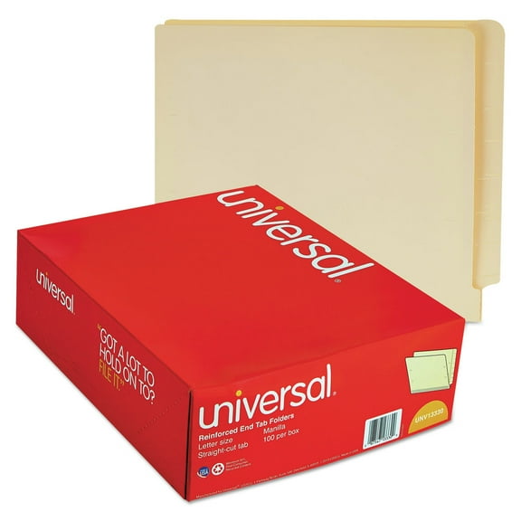 Universal UNV13330 Deluxe Reinforced Straight End Tab Folders - Letter, Manila (100/Box)