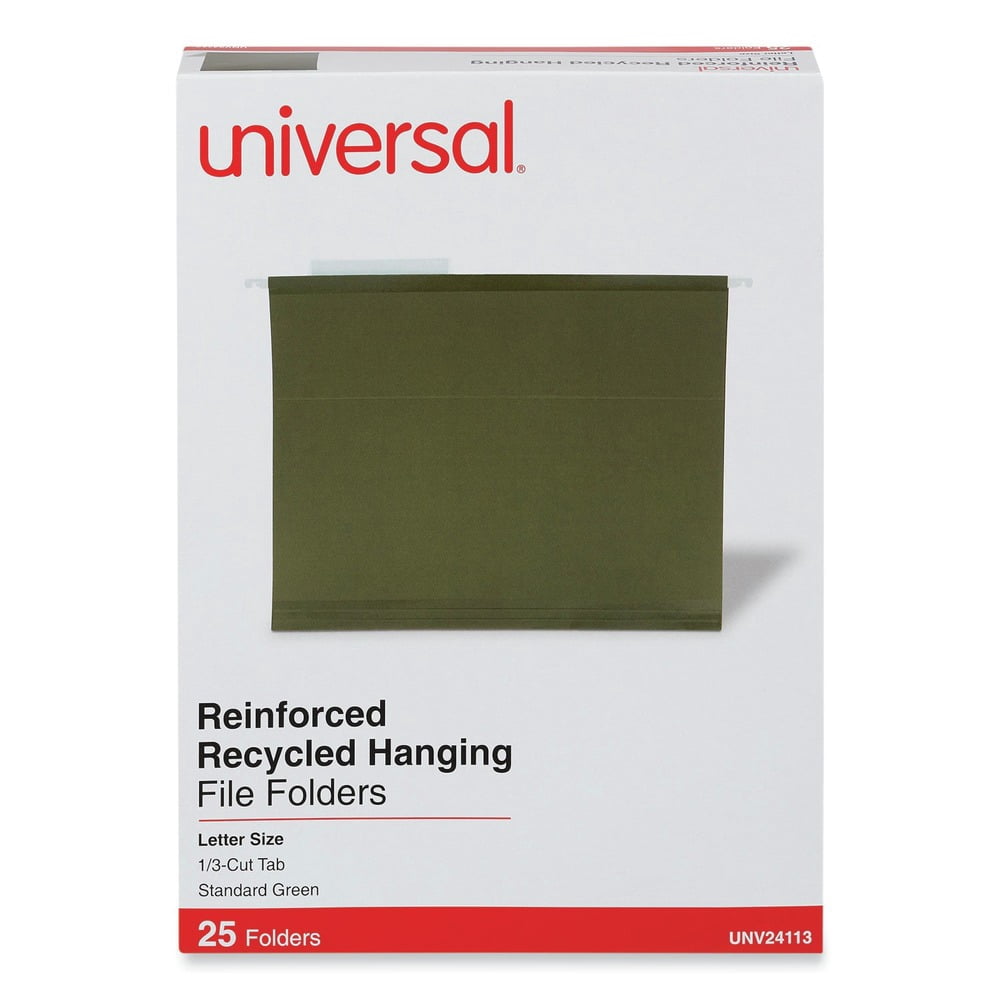 Universal UNV24113 1/3-Cut Tabs Letter Size Deluxe Reinforced Recycled Hanging File Folders - Standard Green (25/Box)