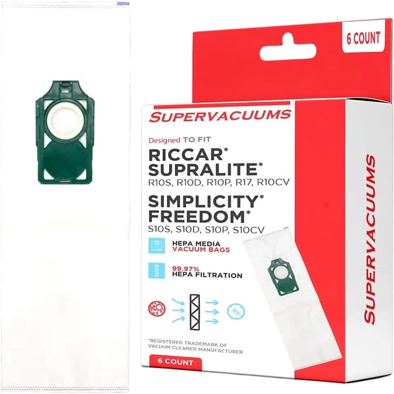 Deluxe Replacement Hepa Vacuum Cleaner Bags for Riccar Supralite R10S, R10D, R10P, & R10SAND Model Upright Vacuum Cleaner | Simplicity Vacuum Bags for S10 Series Upright Vacuum Cleaner