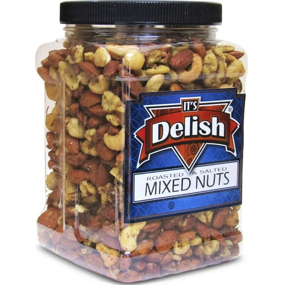 Deluxe Roasted Salted Mixed Nuts in Sea Salt by Its Delish Bulk 2 lbs Jumbo Reusable Container Jar - Premium Roasted Nut Mix Without Peanuts Delicious Snacking Nuts Great Parties Snacks,...
