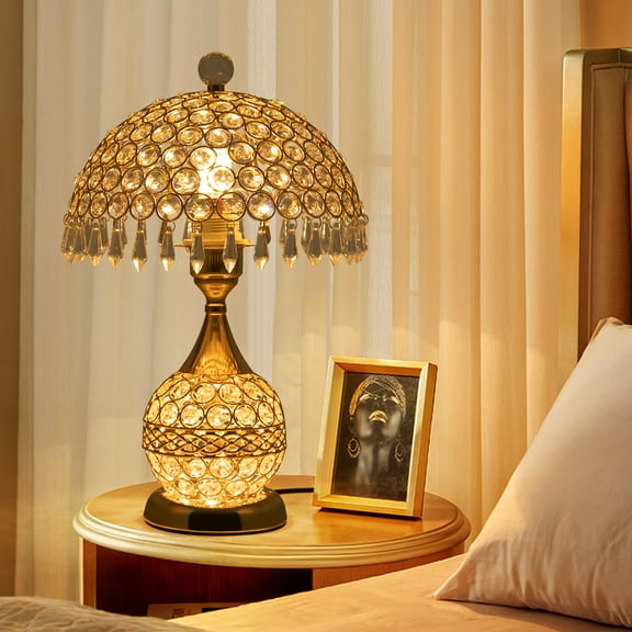Deluxe Room Bedside Light, Vintage Crystal Table Lamp Nightstand Desk Light for Bedroom Living Room Gold