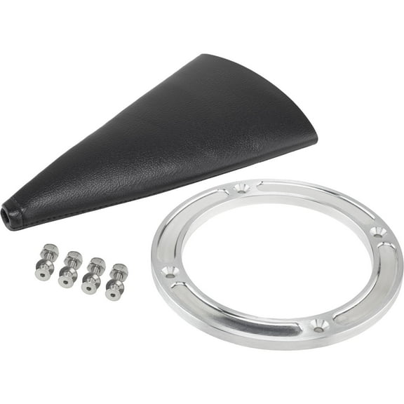 Deluxe Round Shifter Boot with Brushed Billet Aluminum Ring - Premium Black Vinyl, 5-1/8" OD, Fits Manual/Automatic Transmissions, Includes Installation Hardware