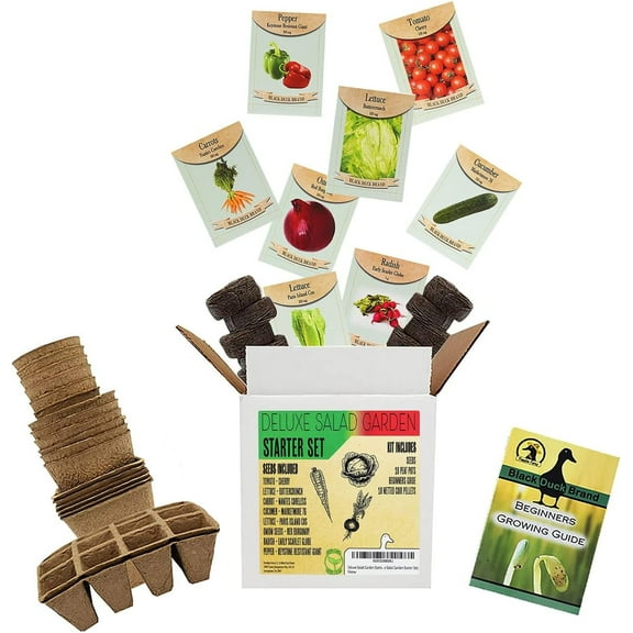 Deluxe Salad Garden Starter Kit - Includes: Seeds, Peat Pots, Netted Coir Pellets, and a Beginners Guide - Great for Beginners- Heirloom, Non-GMO