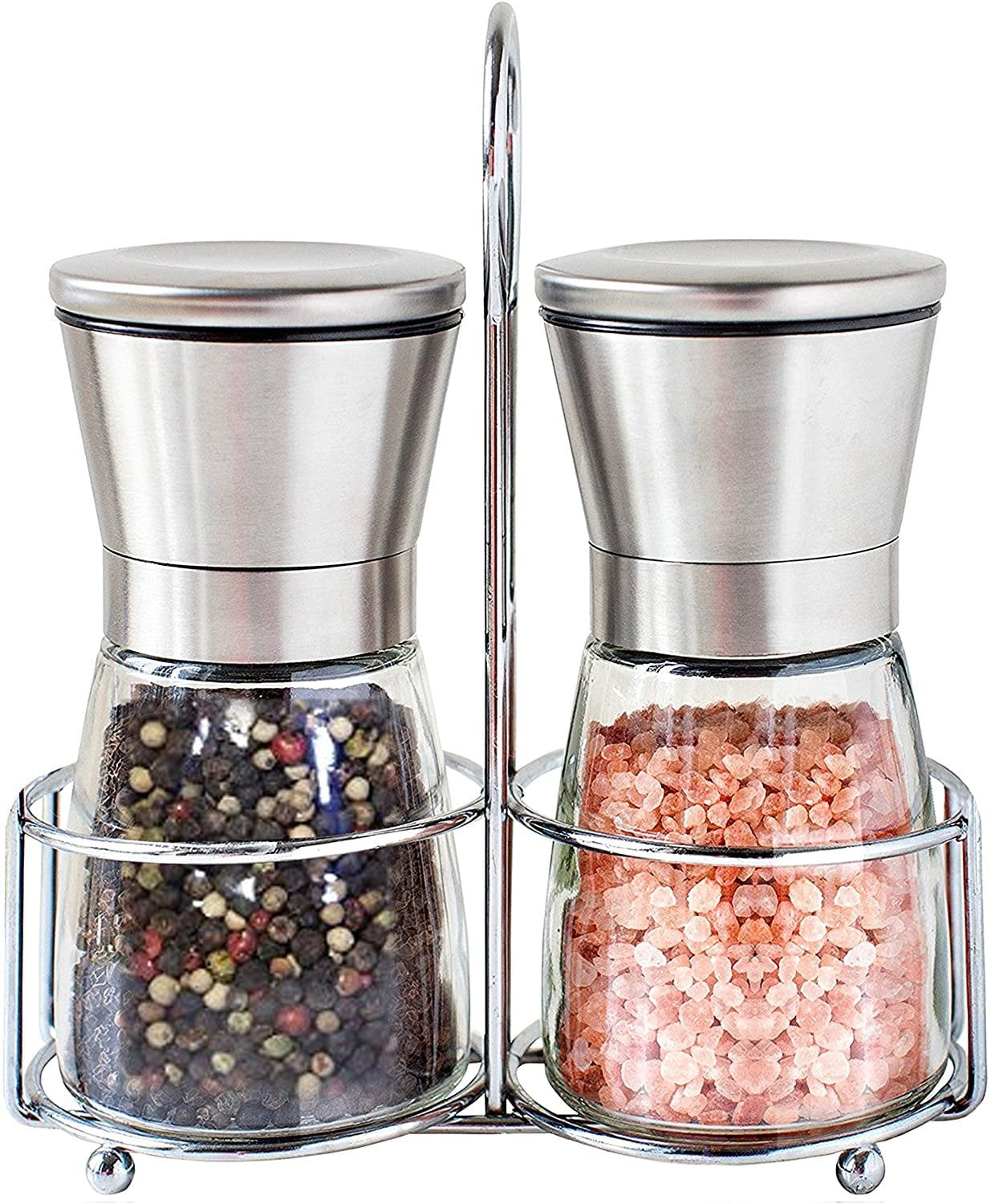 Myle Salt and Pepper Grinder Set with Stand Small Refillable Stainless  Steel Pepper Grinder Mini Adjustable Ceramic Grinder Manual Salt Grinders