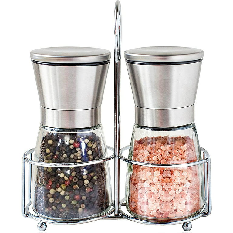 Deluxe Salt & Pepper Grinder With Stand Peppermill - Dual Spice Mill Set  With Adjustable Coarseness Stainless Steel Seasoning Dispenser Easy Refill  Small 