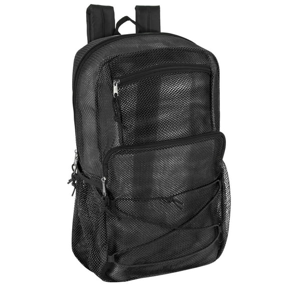 Deluxe See Through Mesh Multipocket Bungee Cord Backpack for School, Work, Sports, Gym, Travel, Recreation & Commuting in Black