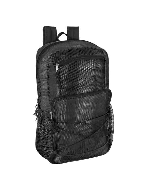 Deluxe See Through Mesh Multipocket Bungee Cord Backpack for School, Work, Sports, Gym, Travel, Recreation & Commuting in Black