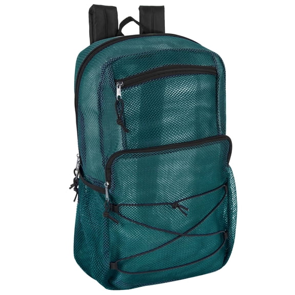 Deluxe See Through Mesh Multipocket Bungee Cord Backpack for School, Work, Sports, Gym, Travel, Recreation & Commuting in Hunter Green