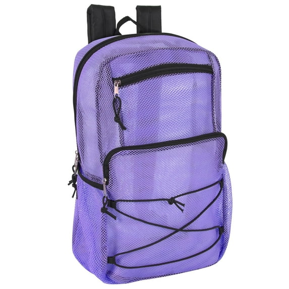 Deluxe See Through Mesh Multipocket Bungee Cord Backpack for School, Work, Sports, Gym, Travel, Recreation & Commuting in Lavender