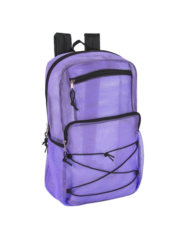 Deluxe See Through Mesh Multipocket Bungee Cord Backpack for School, Work, Sports, Gym, Travel, Recreation & Commuting in Lavender