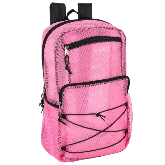 Deluxe See Through Mesh Multipocket Bungee Cord Backpack for School, Work, Sports, Gym, Travel, Recreation & Commuting in Pink