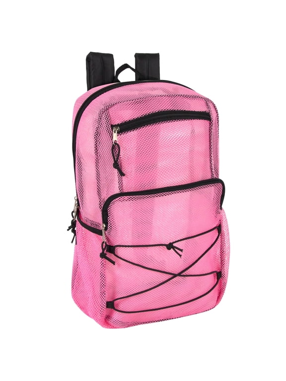 Deluxe See Through Mesh Multipocket Bungee Cord Backpack for School, Work, Sports, Gym, Travel, Recreation & Commuting in Pink