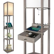 Deluxe Shelf Floor Lamp with 1 Drawer, 2 USB-C Ports, 2 AC Outlets, LED Modern Floor Lamp with 3 Color Temperature, Storage Display Wood Standing Lamp for Living Room, Bedroom, Office (Grey)