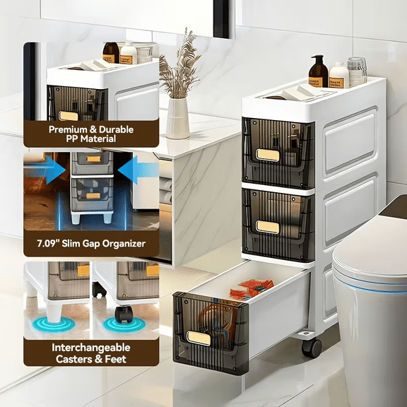 Deluxe Slim Storage Cabinet with - Durable Waterproof PP Material, Multi-Purpose Organizer with Ample Storage for Bathroom, Kitchen, Personal Care Product Dispensers, and More - Ideal for Small Space