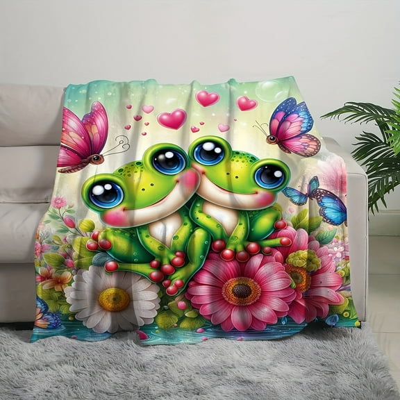Deluxe Soft Cozy Warmth Polyester Contemporary Animal Themed Flannel Bed Blanket - Reversible All-Season Green Frogs with Butterflies Print, Multipurpose Nap Digital Printed Bedding, Machine Washable
