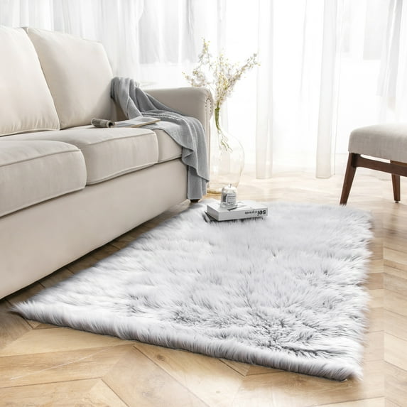 Deluxe Soft Faux Sheepskin Fur Series Decorative Indoor Area Rug, 5 x 7 Feet Rectangle, Gray and White, 1 Pack