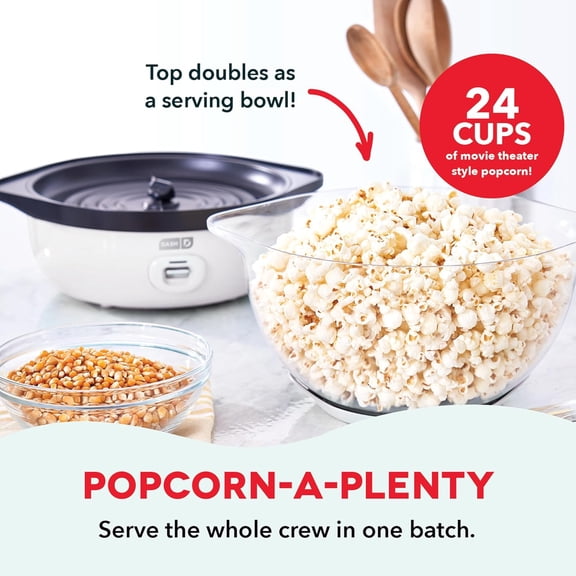 ™   Deluxe Stirring Popcorn Maker, Hot Oil Electric Popcorn Machine with Large Lid for Serving Bowl and Convenient Storage, 24 Cups – White