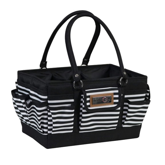 Everything Mary Deluxe Craft Storage Tote Organizer with Multiple Pockets, Black and White Stripe