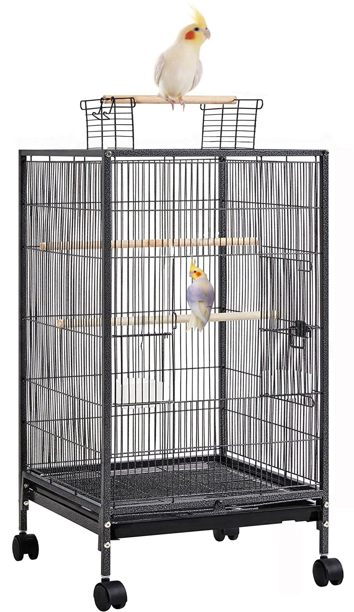 Deluxe Sturdy Wrought Iron Open Top Standing Parrot Parakeet Cockatiel Cockatoo Cage with Rolling Stand Large Metal Bird Flight Cage for Conure Parakeet Finch