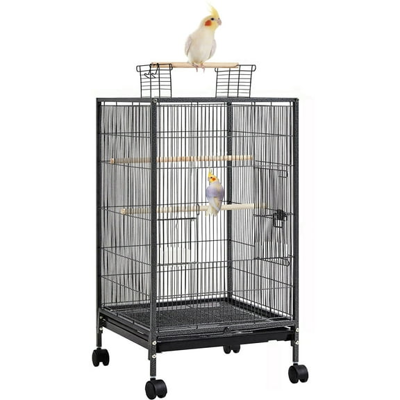 Deluxe Sturdy Wrought Iron Open Top Standing Parrot Parakeet Cockatiel Cockatoo Cage with Rolling Stand Large Metal Bird Flight Cage for Conure Parakeet Finch