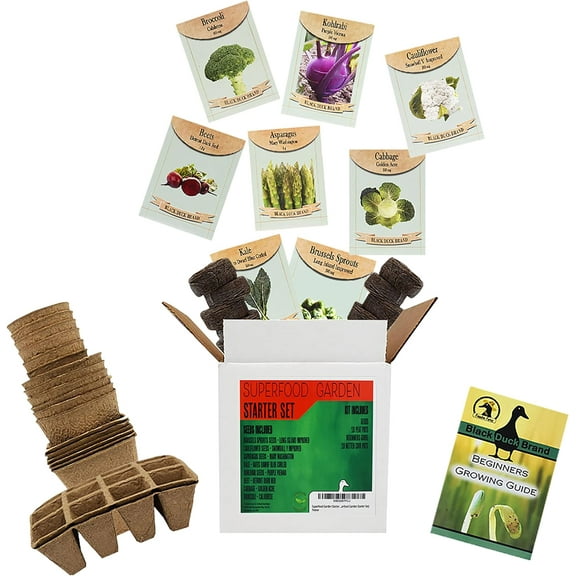 Deluxe Superfood Garden Starter Kit - Includes: Seeds, Peat Pots, Netted Coir Pellets, and a Beginners Guide - Great for Beginners - Heirloom, Non-GMO