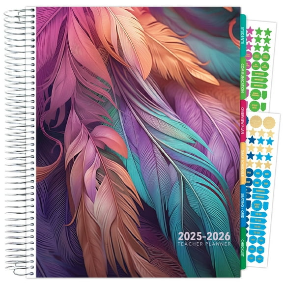Aug 2025-2026 Deluxe Teacher Planner Notebook 8.5x11 Daily Weekly Monthly Organizers with 7 Periods, Pocket Folder, Dated Calendar, Page Tabs, Bookmark and Planning Stickers, Pastel Peacock