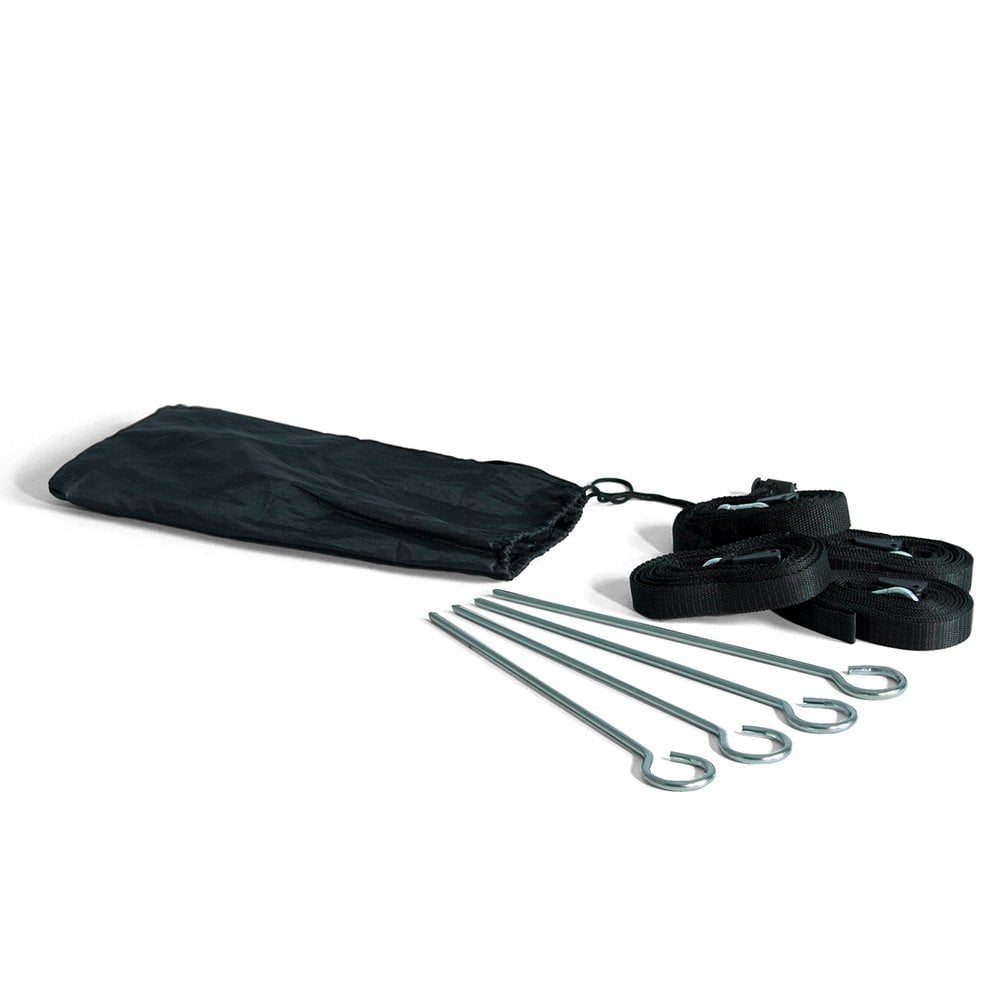 Deluxe Tent Stake Kit – Includes Black Nylon Draw-String Bag, 4 10.25in Steel Stakes, and 4 13ft Black Nylon Webbing Sections with Carabiner Hook and Length-Adjusting Clips