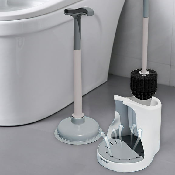 Deluxe Toilet Brush Set with Plunger, Long Flexible Bristles for Deep Cleaning - Modern Compact Design, Washable Brush Head, Stable Thickened Base White