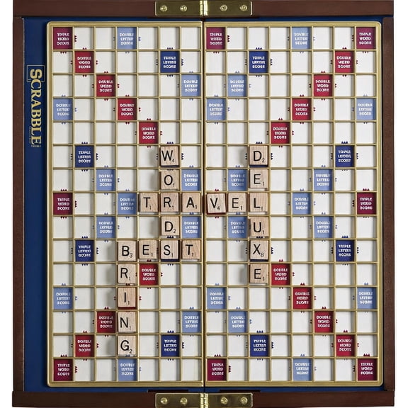 Deluxe Travel Scrabble Board Game with Compact Wood Case Magnetic Closure Raised Letter Tile Grid for 2-4 Players Ages 8 and Up