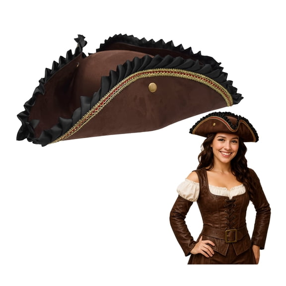 Deluxe Tricorn Tricorner Pirate Hat Buccaneers Cap Halloween Costume Accessory (Brown)