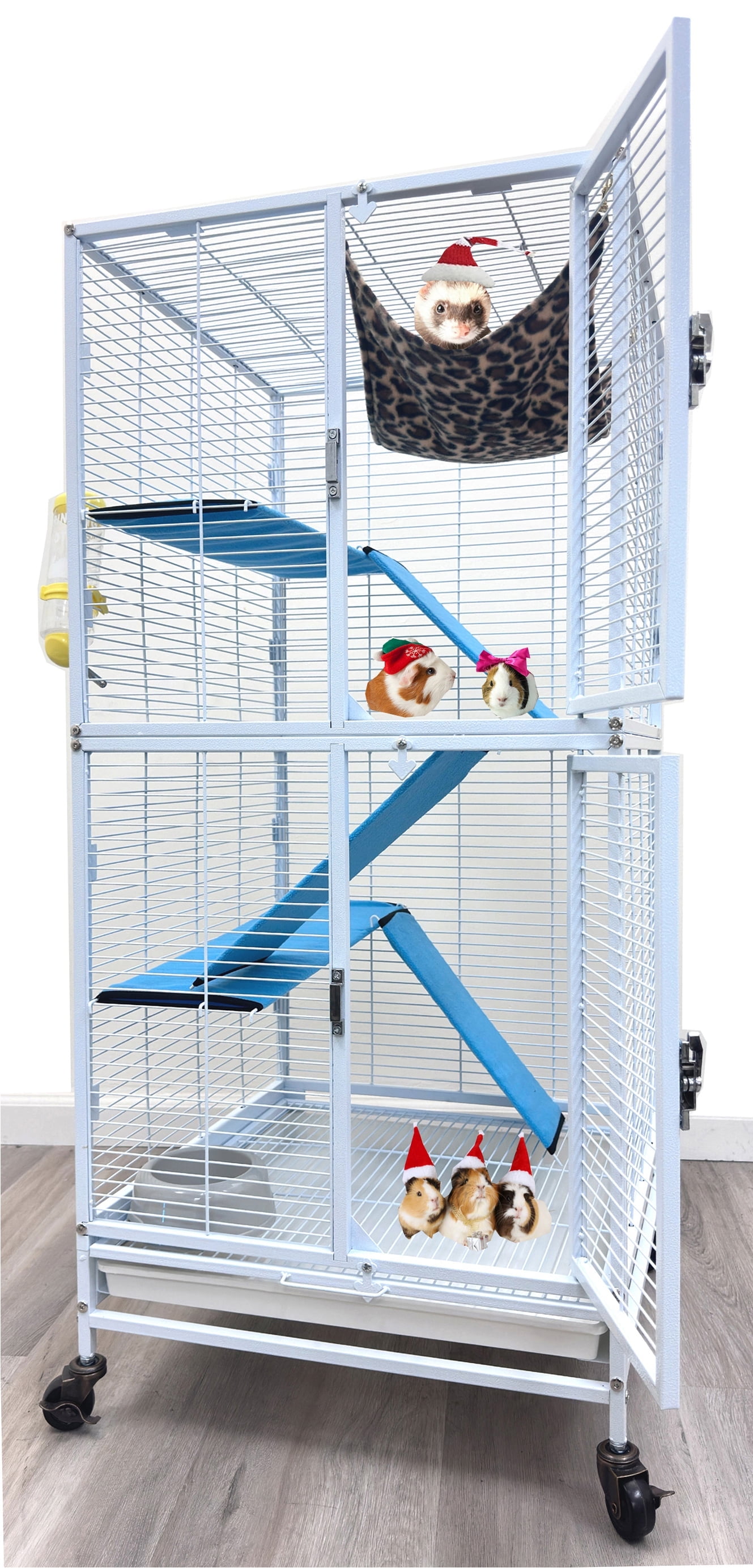 Deluxe Two Story Double Unit 4-Level Small Animal Critter Home Cage Hamster Habitat Mouse Rat Gerbil Tight 1/2-inch Wire Spacing Chew-Proof Rolling Cage for Ferret Hammock Chinchilla Sugar Glider