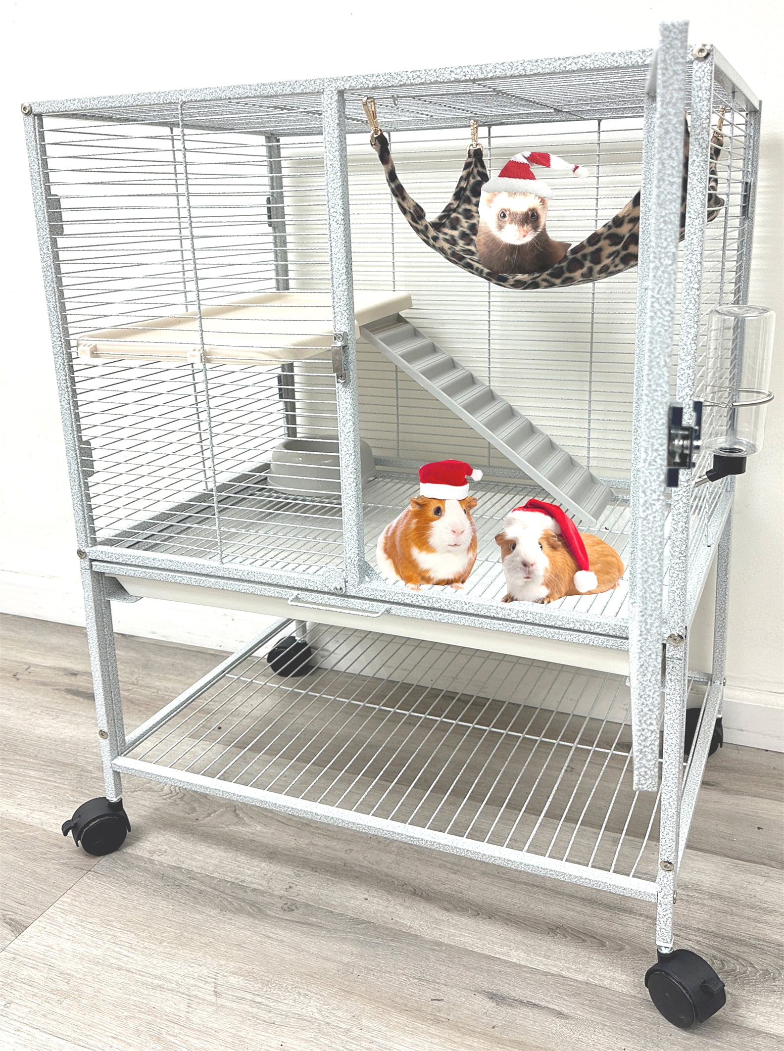 Deluxe Two Tiers Small Animal Critter Cage Tight 1/2-Inch Bar Spacing Water Bottle Food Bowl Feisty Ferret Hammock Chinchilla Rat Mice Squirrel Rabbit Sugar Glider Easy Clean Pull Out Grate Tray