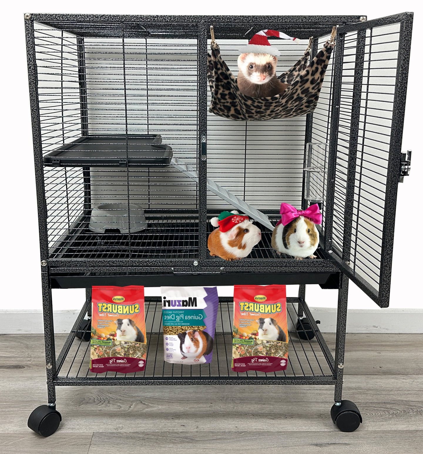 Deluxe Two Tiers Small Animal Critter Cage Tight 1/2-Inch Bar Spacing Water Bottle Food Bowl Feisty Ferret Hammock Chinchilla Rat Mice Squirrel Rabbit Sugar Glider Easy Clean Pull Out Grate Tray