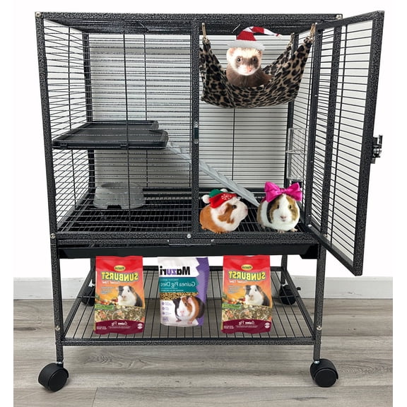 Deluxe Two Tiers Small Animal Critter Cage Tight 1/2-Inch Bar Spacing Water Bottle Food Bowl Feisty Ferret Hammock Chinchilla Rat Mice Squirrel Rabbit Sugar Glider Easy Clean Pull Out Grate Tray