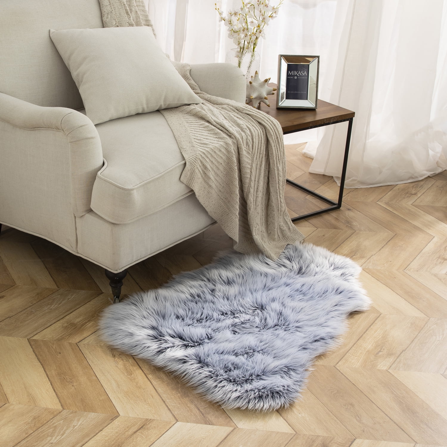 Deluxe Ultra Soft Faux Sheepskin Fur Series Fluffy Decorative Indoor Shag Area Rug, 2 x 3 Feet, Navy and White, 1 Pack