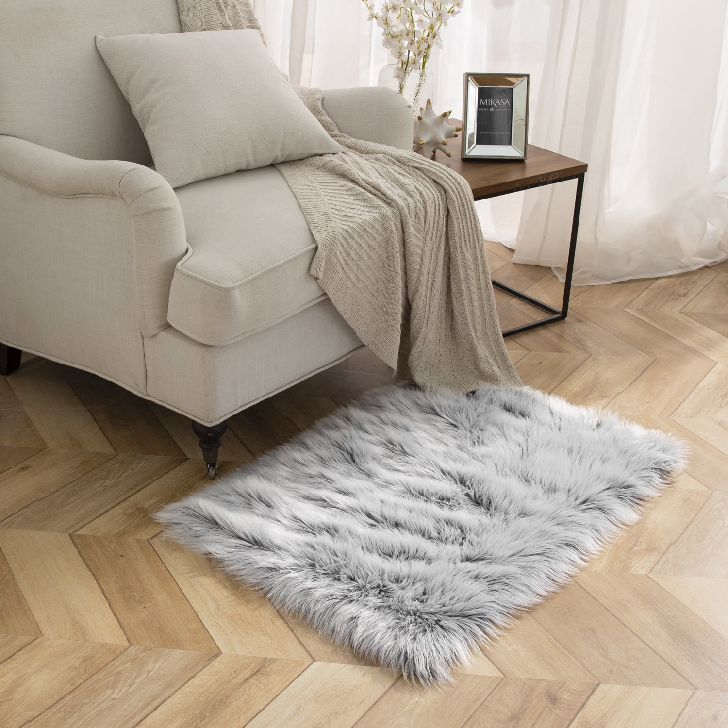 Deluxe Ultra Soft Faux Sheepskin Fur Series Fluffy Decorative Indoor Shag Area Rug, 2 x 3 Feet Rectangle, Gray and White, 1 Pack