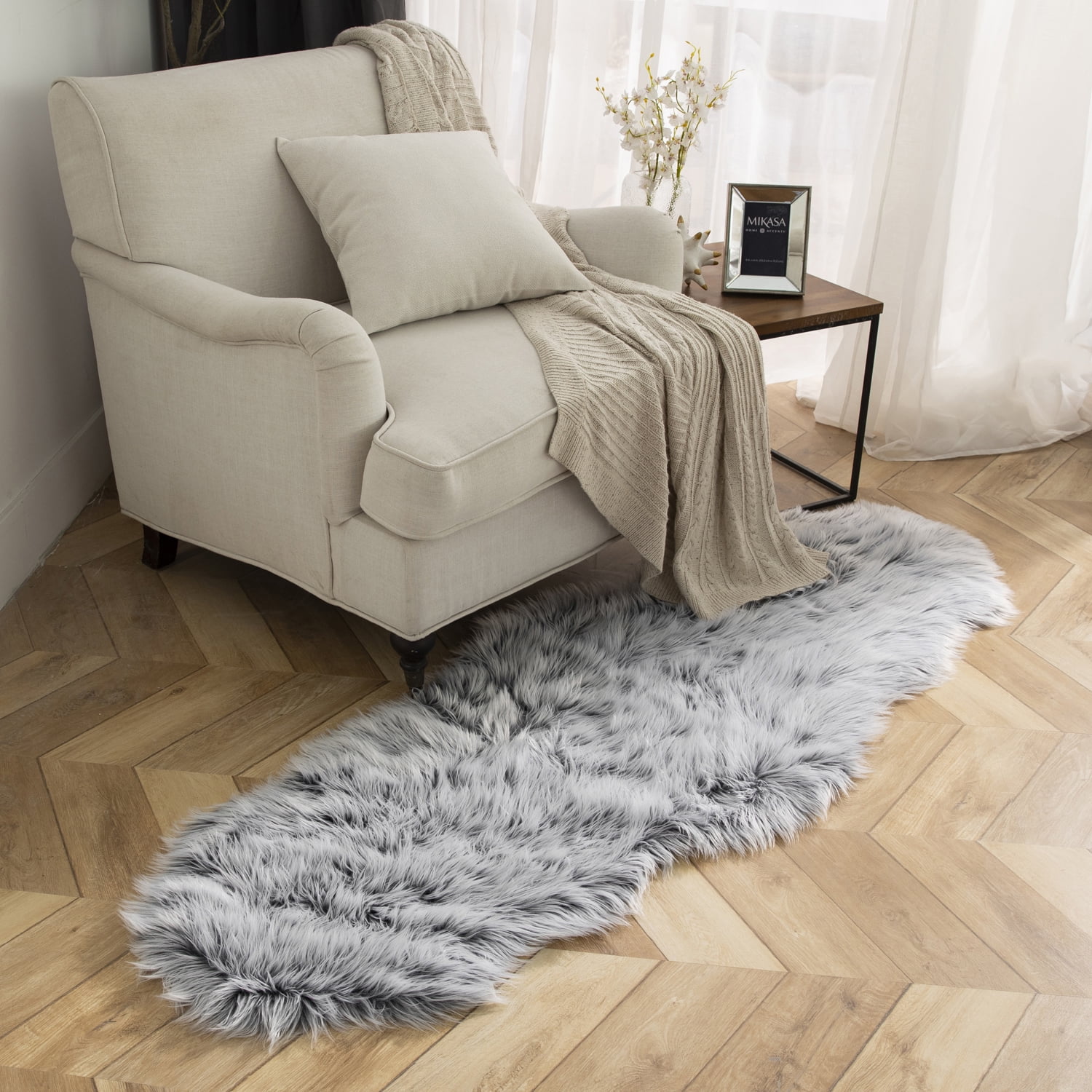 Deluxe Ultra Soft Faux Sheepskin Fur Series Fluffy Decorative Indoor Shag Area Rug, 2 x 6 Feet, Black and White, 1 Pack
