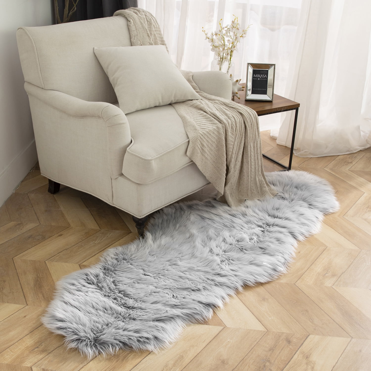 Deluxe Ultra Soft Faux Sheepskin Fur Series Fluffy Decorative Indoor Shag Area Rug, 2 x 6 Feet, Gray and White, 1 Pack