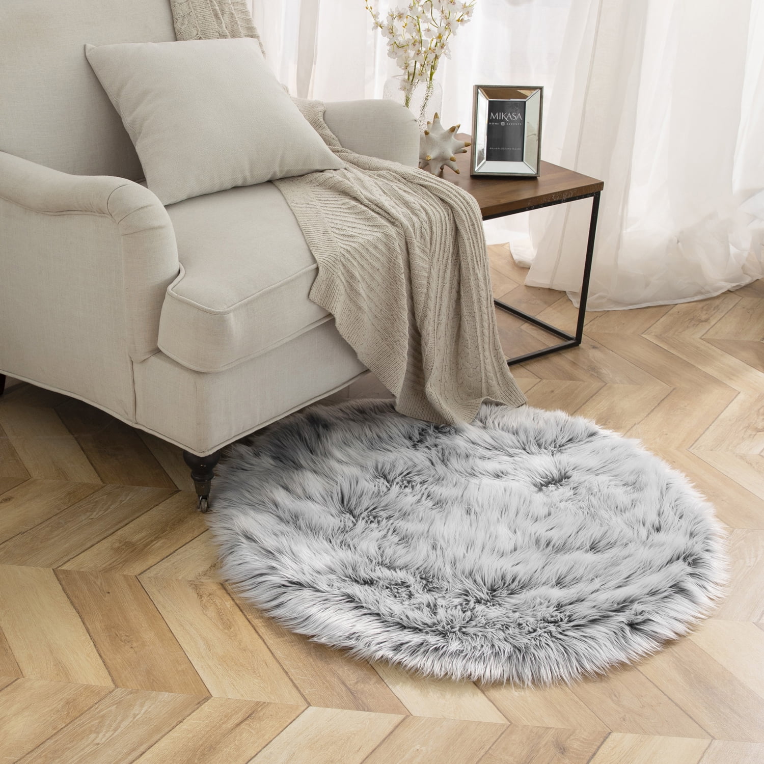 Deluxe Ultra Soft Faux Sheepskin Fur Series Fluffy Decorative Indoor Shag Area Rug, 3 x 3 Feet Round, Gray and White, 1 Pack