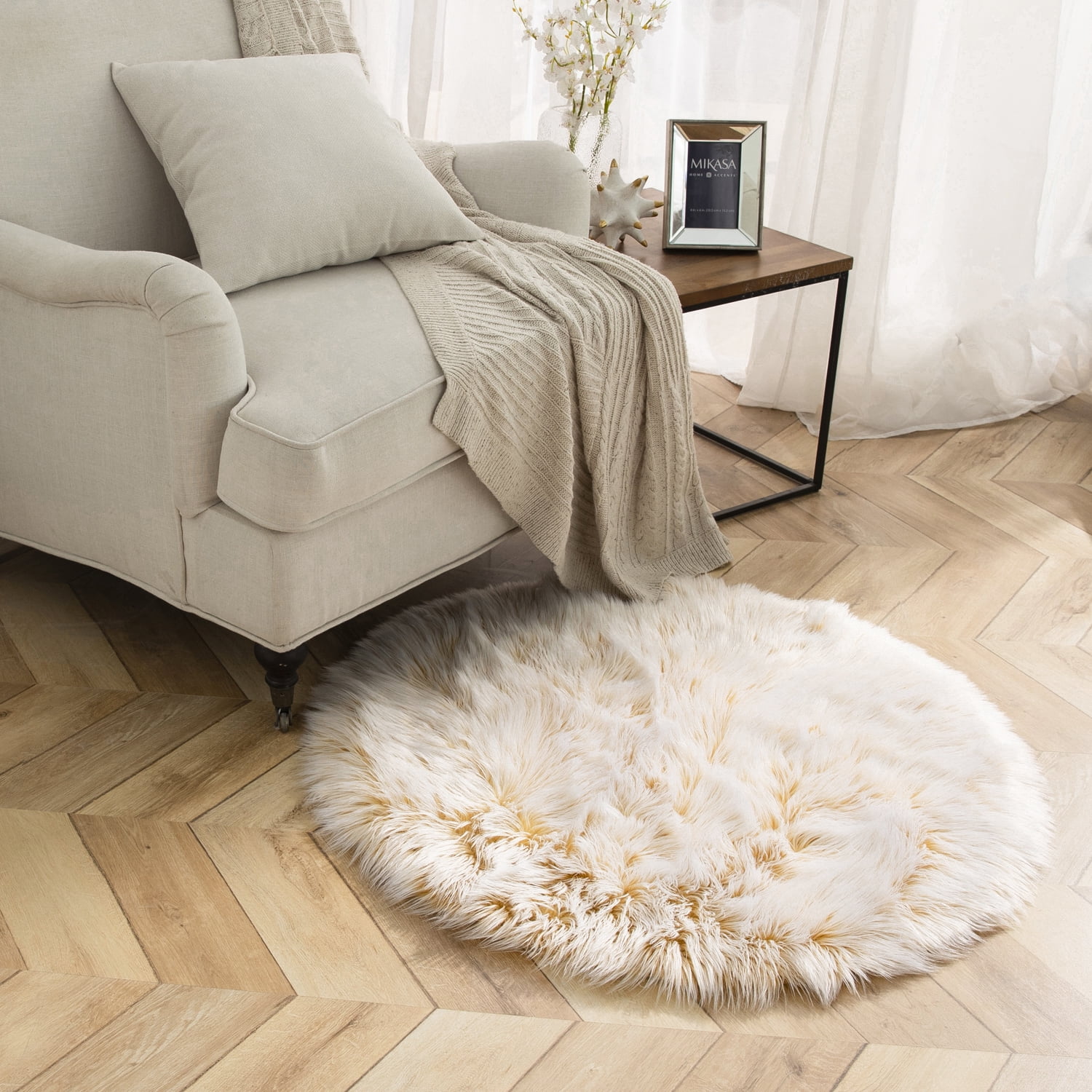 Deluxe Ultra Soft Faux Sheepskin Fur Series Fluffy Decorative Indoor Shag Area Rug, 3 x 3 Feet Round, Yellow and White, 1 Pack