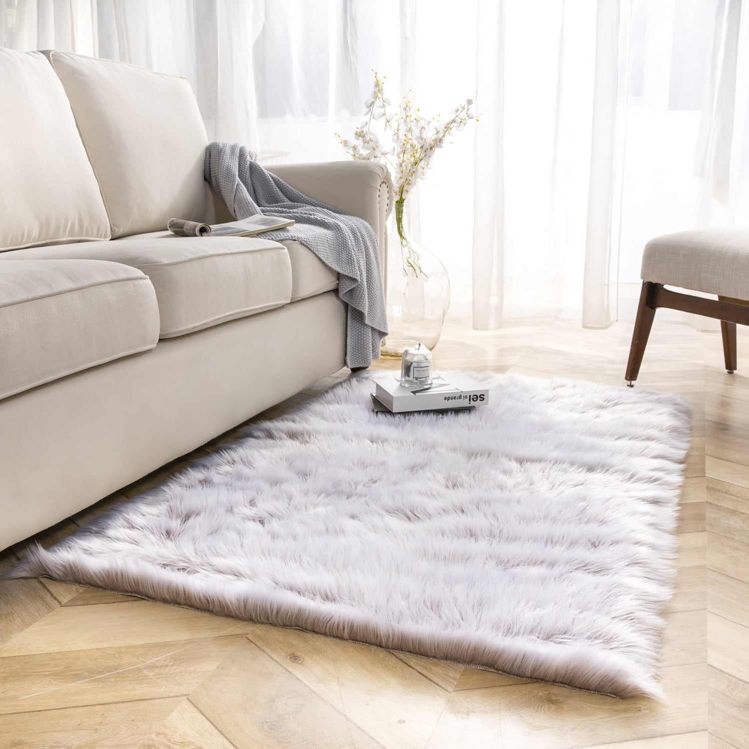 Deluxe Ultra Soft Faux Sheepskin Fur Series Fluffy Decorative Indoor Shag Area Rug, 3 x 5 Feet Rectangle, Beige and White, 1 Pack