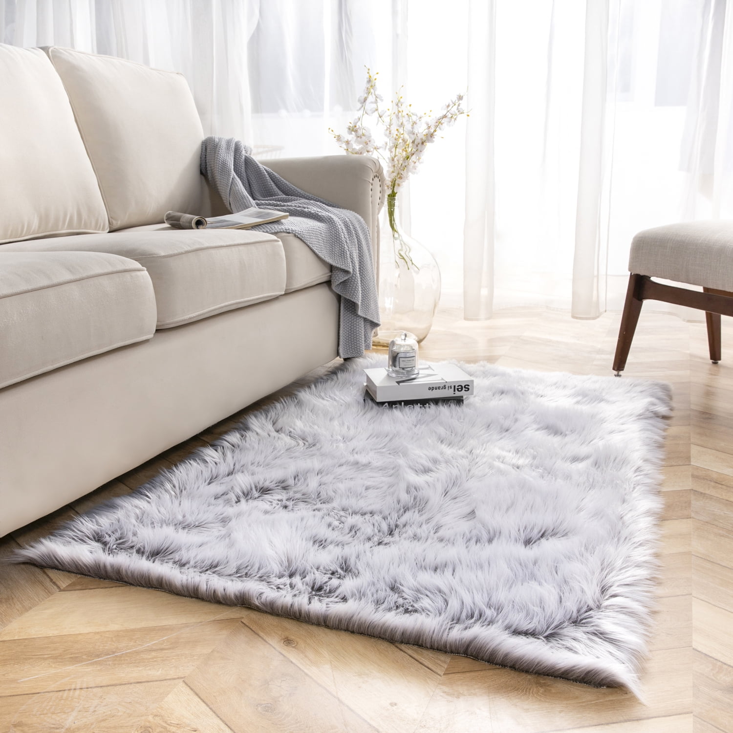 Deluxe Ultra Soft Faux Sheepskin Fur Series Fluffy Decorative Indoor Shag Area Rug, 3 x 5 Feet Rectangle, Coffee and White, 1 Pack