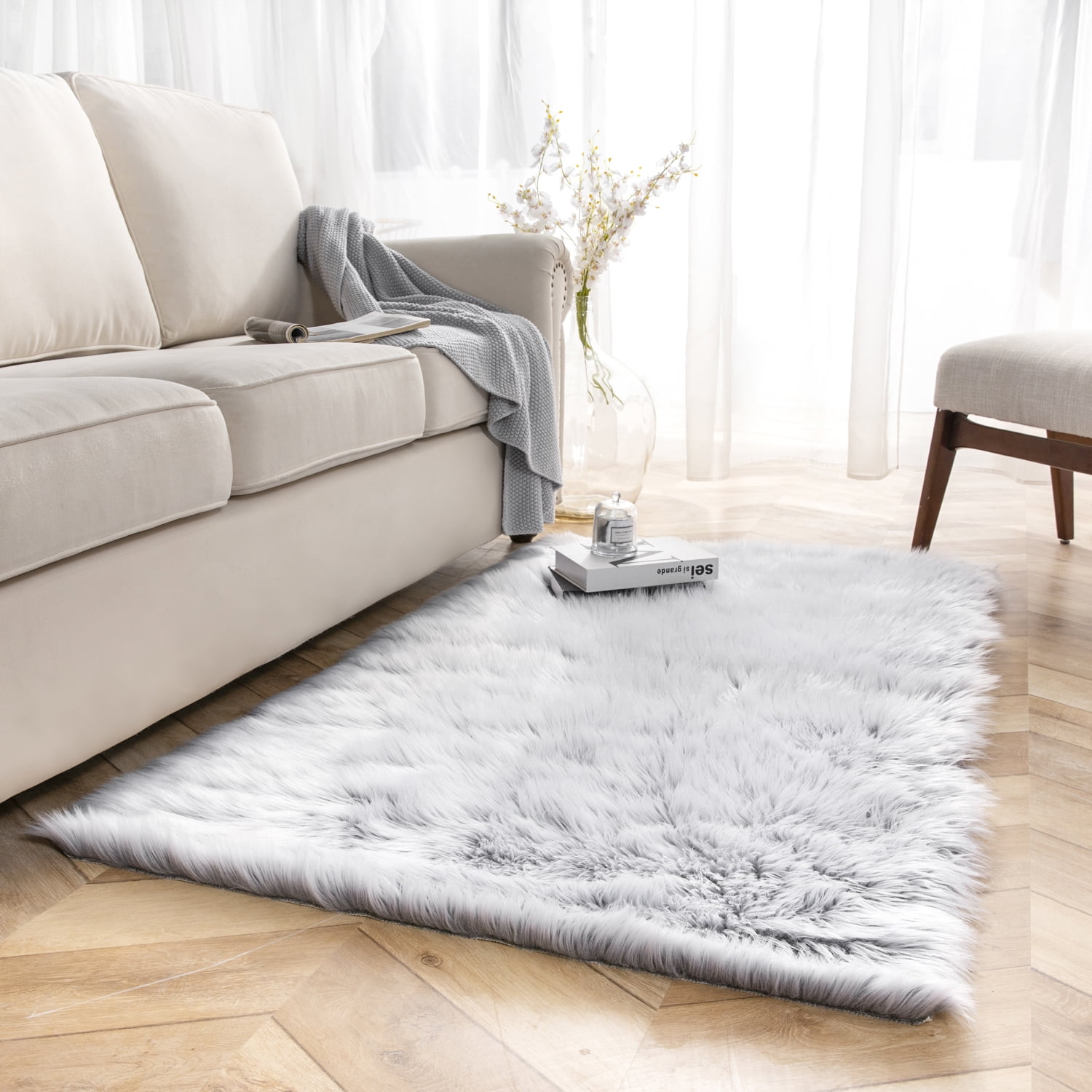 Deluxe Ultra Soft Faux Sheepskin Fur Series Fluffy Decorative Indoor Shag Area Rug, 3 x 5 Feet Rectangle, Gray and White, 1 Pack