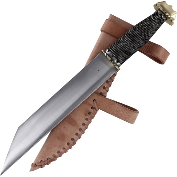 - Deluxe Viking Style Seax Knife - 10" Stainless Steel Blade, Wire-Wrapped Handle, Leather Sheath - Functional Design with Brass Accents - Handcrafted for Authenticity