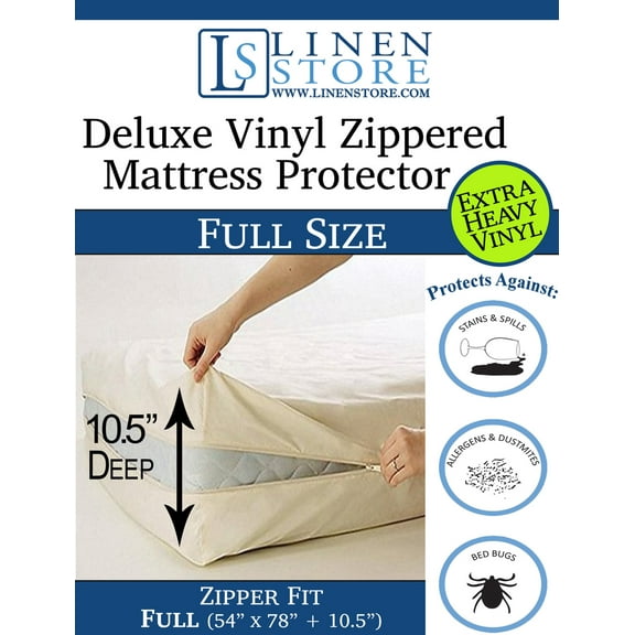 Deluxe Vinyl Zippered Mattress Protector Cover, Extra Heavy, Bed Bugs - Dustmites Shield, Waterproof Protector, Hypoallergenic, 78" x 54" Full
