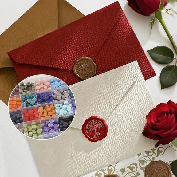Deluxe Wax Seal Kit with Custom Stamp & 624 Sealing Wax Beads - 24 Colors with Wooden Melting Station, 2 Gold Pen, 10 Envelopes, 10 Tea Lights for Invitations, Letters, Gifts