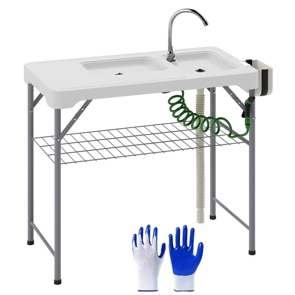Deluxe White Fish Cleaning Table w/ Faucet & Sink - Durable HDPE & Metal Outdoor Prep Station, 42.5" L, Rust-Resistant, Foldable for Camping, Hunting & Anglers