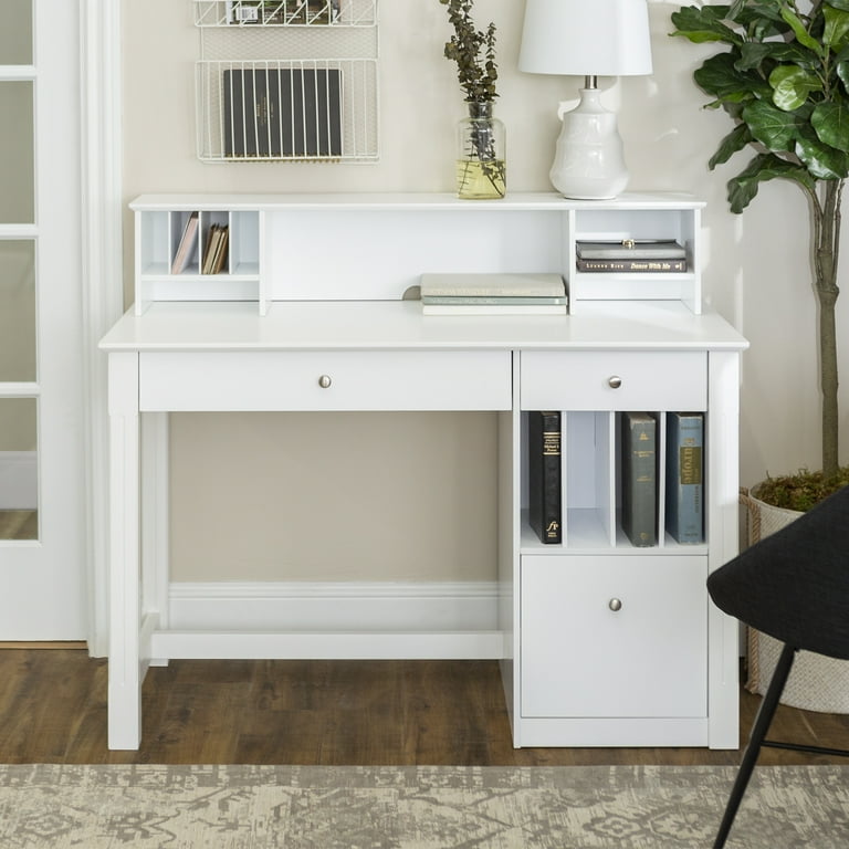 Deluxe White Wood Computer Desk with Hutch by Walker Edison