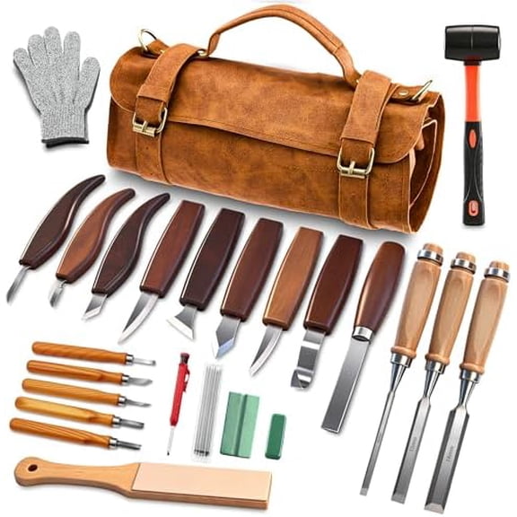 Deluxe Wood Carving Kit, 25 Piece Wood Carving Tools with Thick Leather Storage Bag,Wood Whittling Tools -Ideal Woodworking Tools and Hobbies for Beginners Enthusiasts Gift DIY$$Art & Craft